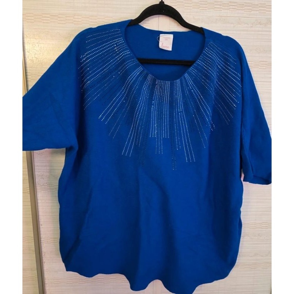 Luna Royal Blue Rhinestone Sweater Shirt Womens 2X